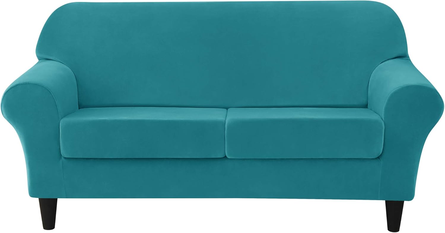 MILARAN Velvet Sofa Slipcover Soft Stretch Couch Cover 3-Piece High Spandex Furniture Protector for Living Room(Turquoise,Medium)