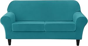 MILARAN Velvet Sofa Slipcover Soft Stretch Couch Cover 3-Piece High Spandex Furniture Protector for Living Room(Turquoise,Medium)