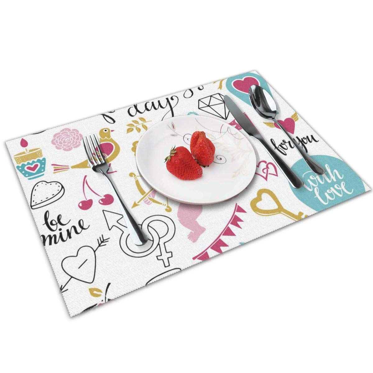 ZZguowuque Placemats for Dining Table， Washable Placemat Set of 4 Heat Resistant Non-Slip ，Christmas Easter and Holiday Placemats Pink Love and Jupiter