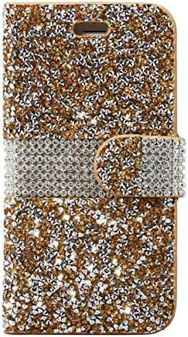 iPhone 6Plus Case, TIPFLY Premium Flip PU Leather Card Slots Wallet Case with Bling Glitter Diamonds Magnetic Closure with Stand Function Cover for iPhone 6Plus/6sPlus - Jelly Diamonds & Golden