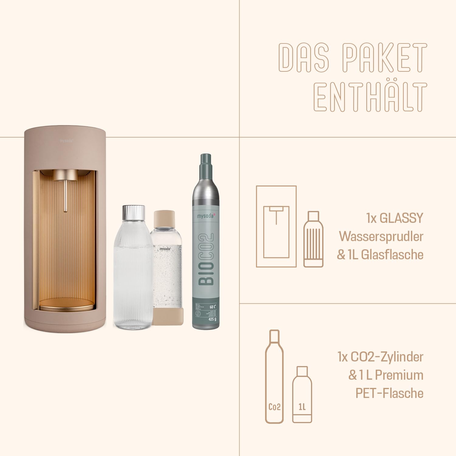 Mysoda: Glassy Wassersprudler aus Holzkomposit mit CO2-Zylinder und 1L Glasflasche & BPA-Frei 1L Plastikflasche - Latte 5