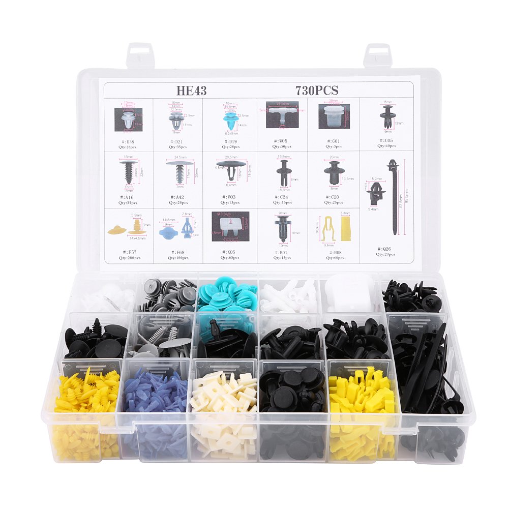 730pcs 17 Sizes Universal HE43 Car Body Rivet Push Type Retainers Push Pin Clip Rivet Trim Bumper Fixed Clamp Auto Plastic Rivet Retainer Assortment Molded products