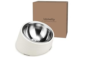 Uppetly Slanted Small Cat Food Bowl 0.5 Cup, 15° Tilted Stainless Steel Mini Dog Puppy Food Bowl, Non-Slip & Non-Spill Small Kitten Pet Feeder with Elevated Detachable Melamine Stand, Easy to Get Food
