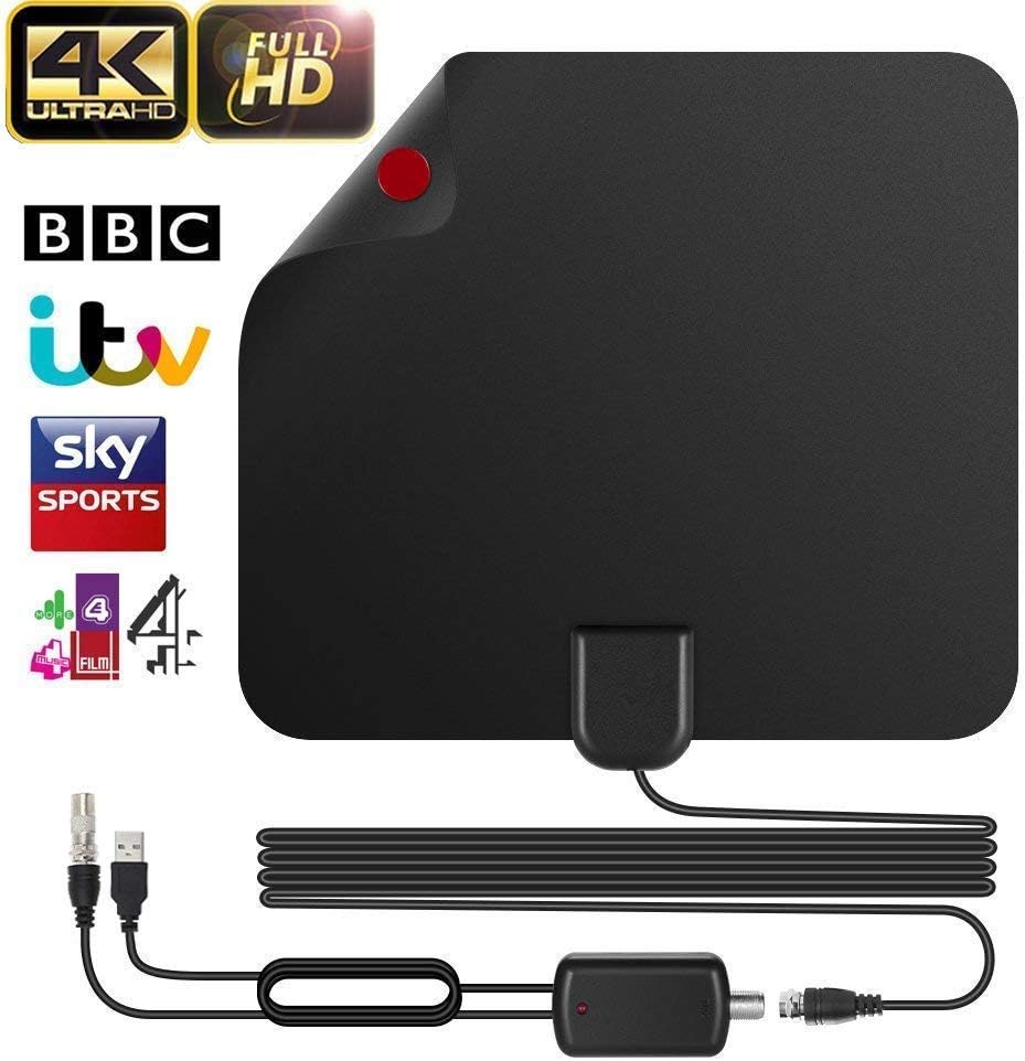 TV Aerial, Amplified 60 Miles/96KM Range Indoor Freeview TV Aerial Digital HDTV Antenna with Powerful Amplifier Signal Booster, Support for 4K 1080P Digital HD Channels VHF/UHF/FM - 2020 New Upgraded