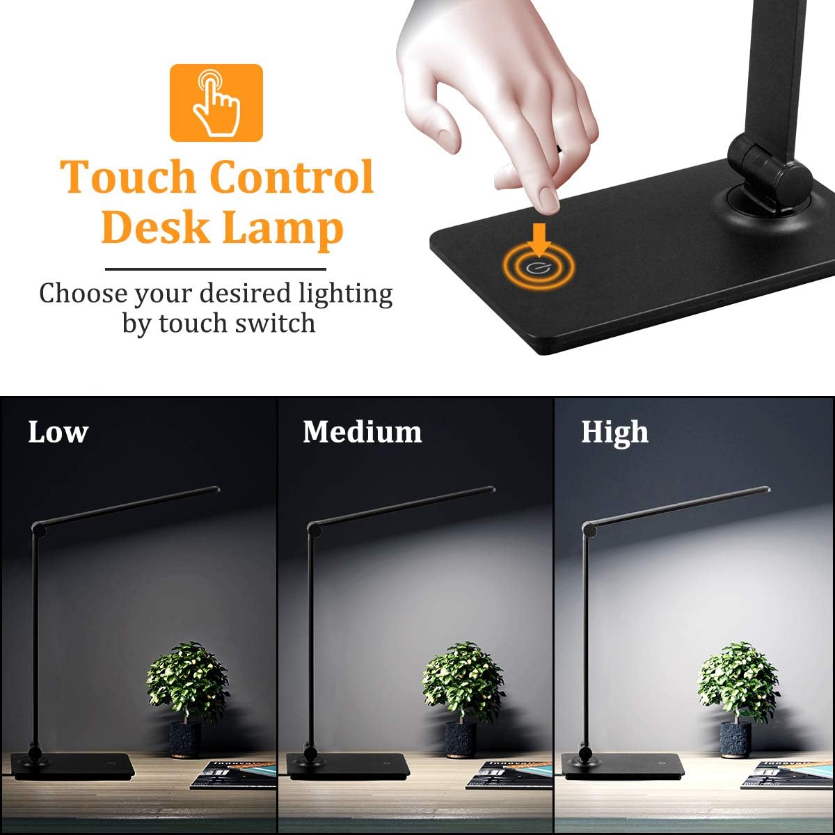 LED Desk Lamp, Touch Control Desk Lamp with 3 Levels Brightness, Dimmable Office Lamp with Adjustable Arm, Foldable Table Desk Lamp for Table Bedroom Bedside Office Study, 5000K, 8W, Black: Home & Kitchen