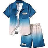 Verdusa Boy's 2 Piece Outfits Ombre Short Sleeve Button Up Shirts and Elastic Waist Shorts Set