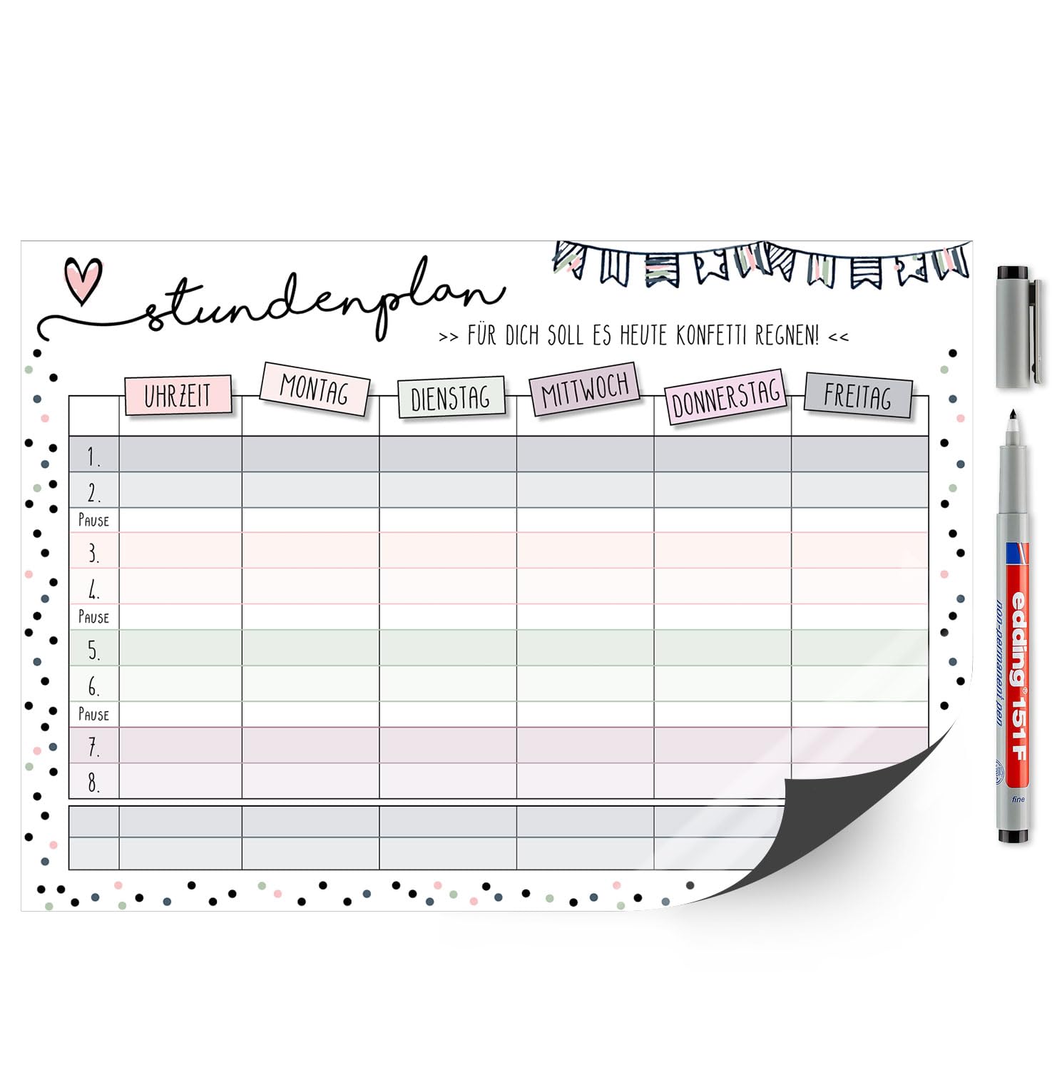 younikat Timetable Confetti with Magnetic Back I DIN A4 I for First Day of School I for Girls I Wipeable Magnetic Rewritable I dv_349