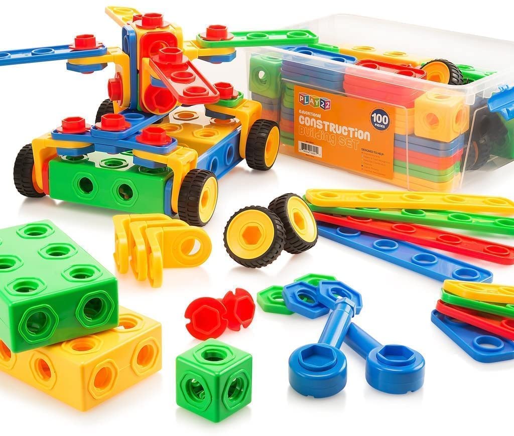 Play22 100Pc Building Blocks for Toddlers Stem Toys - Building Take Apart Toys for Boys and Girls Ages 3 4 5 6 7 8 9 10 - Educational Toys Set with Nice Storage Box