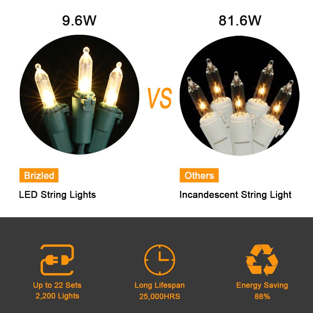 Brizled LED Christmas Lights, 100 LED 33 ft Mini String Lights, 120V UL Certified for Indoor and Outdoor Decoration, Patio and Christmas Tree, Warm White