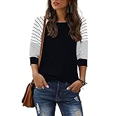 ReachMe Women's Casual 3/4 Sleeve T Shirts Crewneck Striped Raglan Sleeve Tee Shirts Loose Fit Blouses