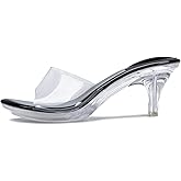 NBUUNBU Clear Heels for Women Silver Black Heels Little Platform Sexy High Heels Sandals Stiletto Kitten Open Toe Dress Shoes Comfortable Double Transparent Strap Heeled Sandals Mule