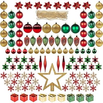 ITART 129ct Christmas Tree Ornaments Decorations Assortment Including Tree Topper Balls Snowflakes Stars Pine Cones Miniature Gift Boxes Poinsettia Beads Garlands Finial (Red, Gold and Green)