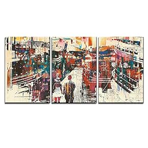 3 Piece Canvas Wall Art - Couple Walking on Harbor Pier with Colorful Boats,Illustration Painting - Modern Home Art Stretched and Framed Ready to Hang - 16"x24"x3 Panels