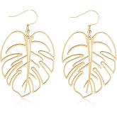 Mikovivi 2pcs Gold-Tone Tropical Monstera Leaf Dangle Earrings for Women | Gold-Tone Monstera Leaf Earrings Stainless Steel Lightweight Fish Hook Design Tropical Leaf Jewelry for Women Summer Beach