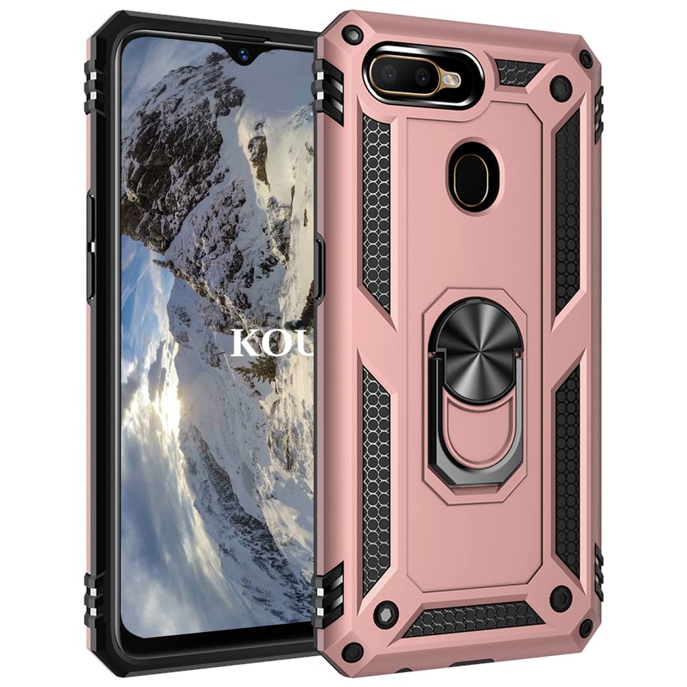 KOUYI Compatible with OPPO A12/A7/A5S Case, Full Body Protective Silicone TPU Gel Personalised Shockproof Tough Armour Phone Cover with Ring Holder Kickstand for OPPO A12/A7/A5S (Rose Gold)