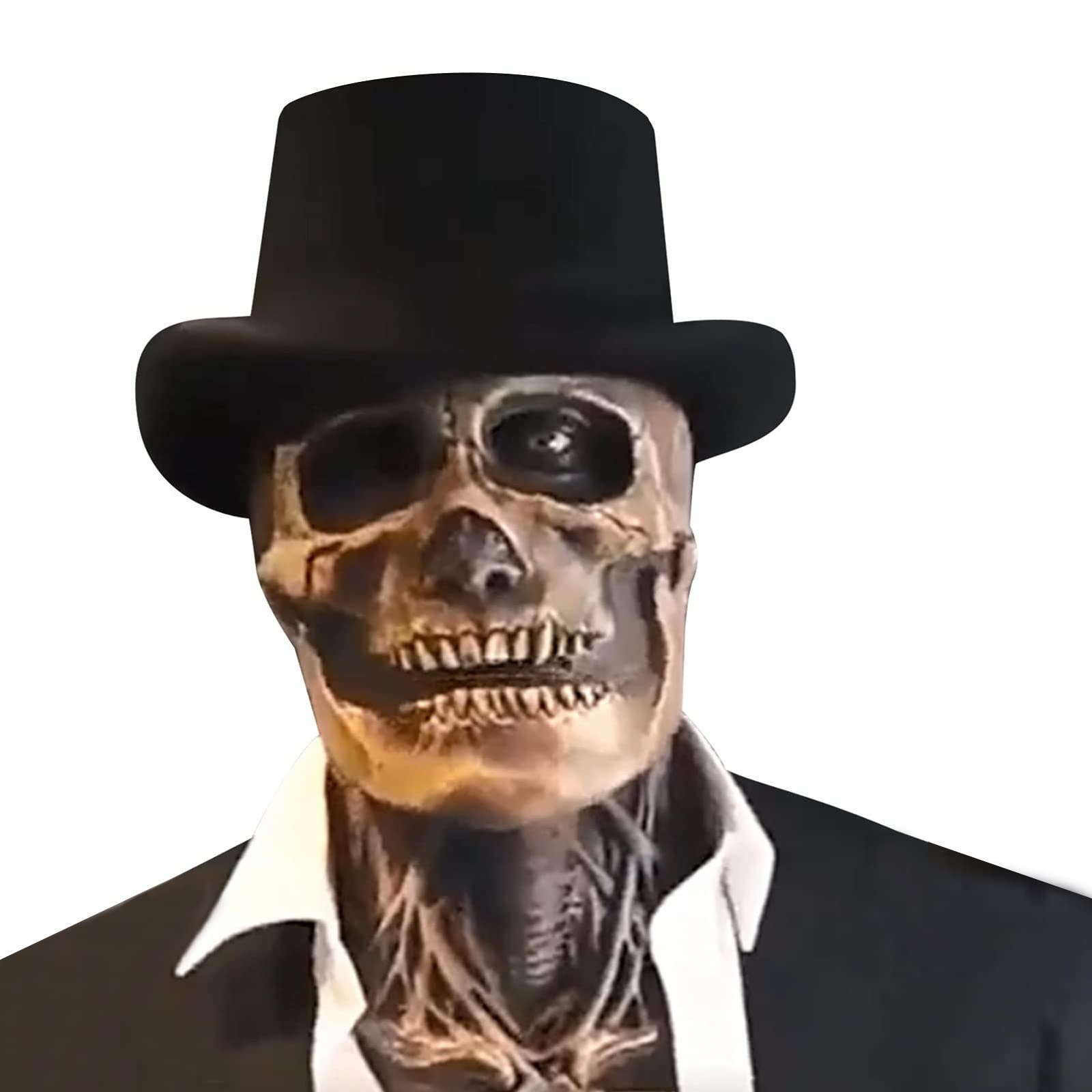 SINSEN The Latest Skeleton Biochemical Mask Black Hat Scary Skull Creepy Full Head Mask Moving Jaw Halloween Cosplay Props for Adults