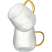 GLASKEY 2 Pack Glass Coffee Mugs with Light Yellow Handle,370ml Borosilicate Glass Coffee Cups with Stylish Vertical Stripes