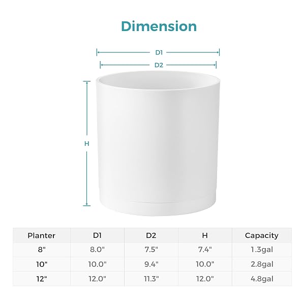 FAITHLAND 8-INCH MODERN CYLINDER PLANTER, THICK-WALLED PLASTIC PLANT POT WITH DRAINAGE HOLES AND DETACHABLE SAUCER, MATTE WHITE, IDEAL FOR INDOOR & OUTDOOR PLANTS FLOWERS