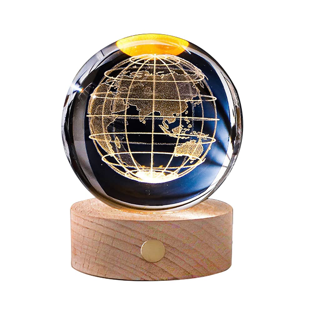 Uposao 3D Crystal Ball Night Light Planets Miniature Model Engraved Craft Night Light Space Galaxy Crystal Ball with Wooden Base LED Night Light Decoration For Kids Lover Friend