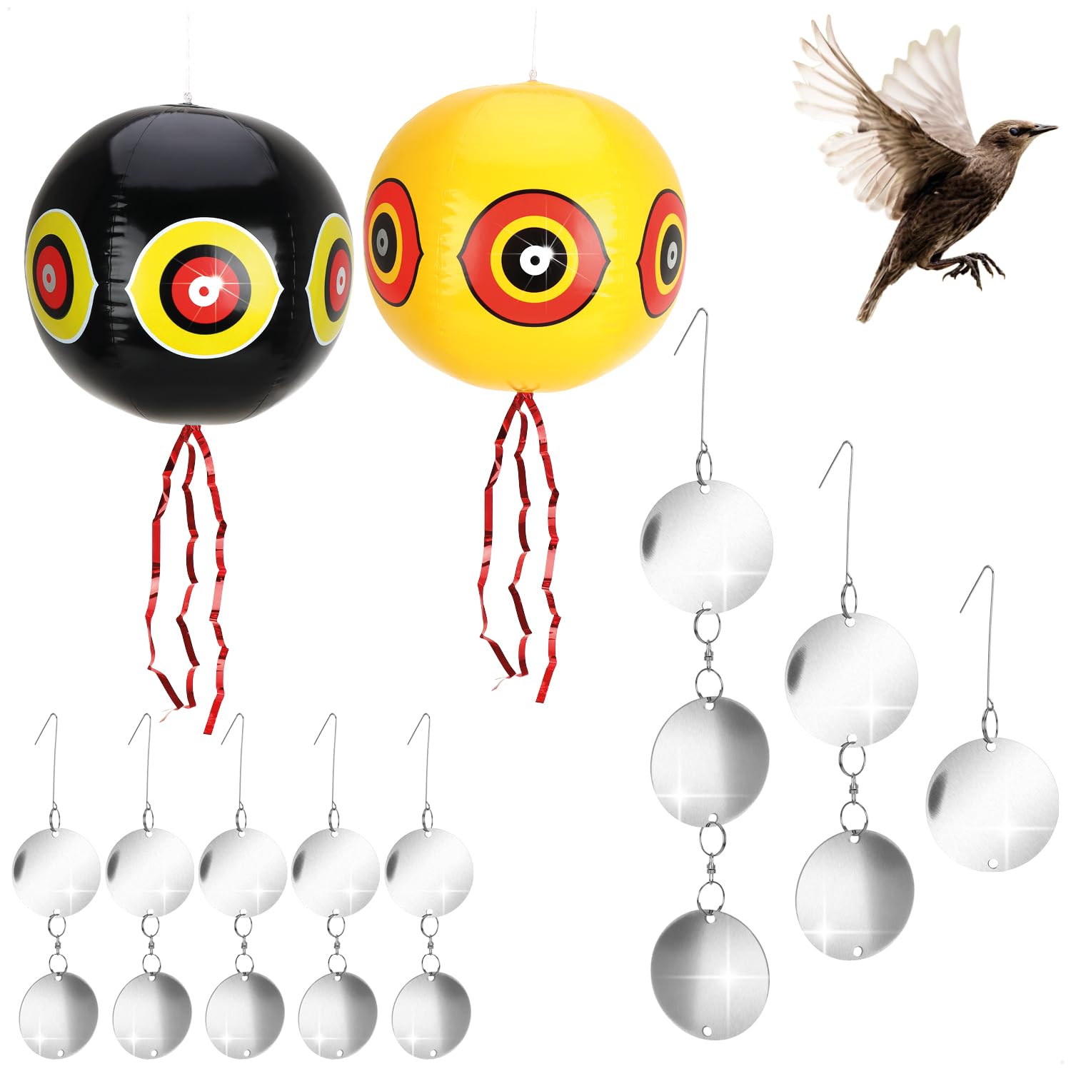 COM-FOUR® 58-piece bird repellent set - 2 balloons with variable wind chime components - reflective scarecrow against ravens, crows, starlings, jackdaws (58 pieces - Balloon/Wind Chime)