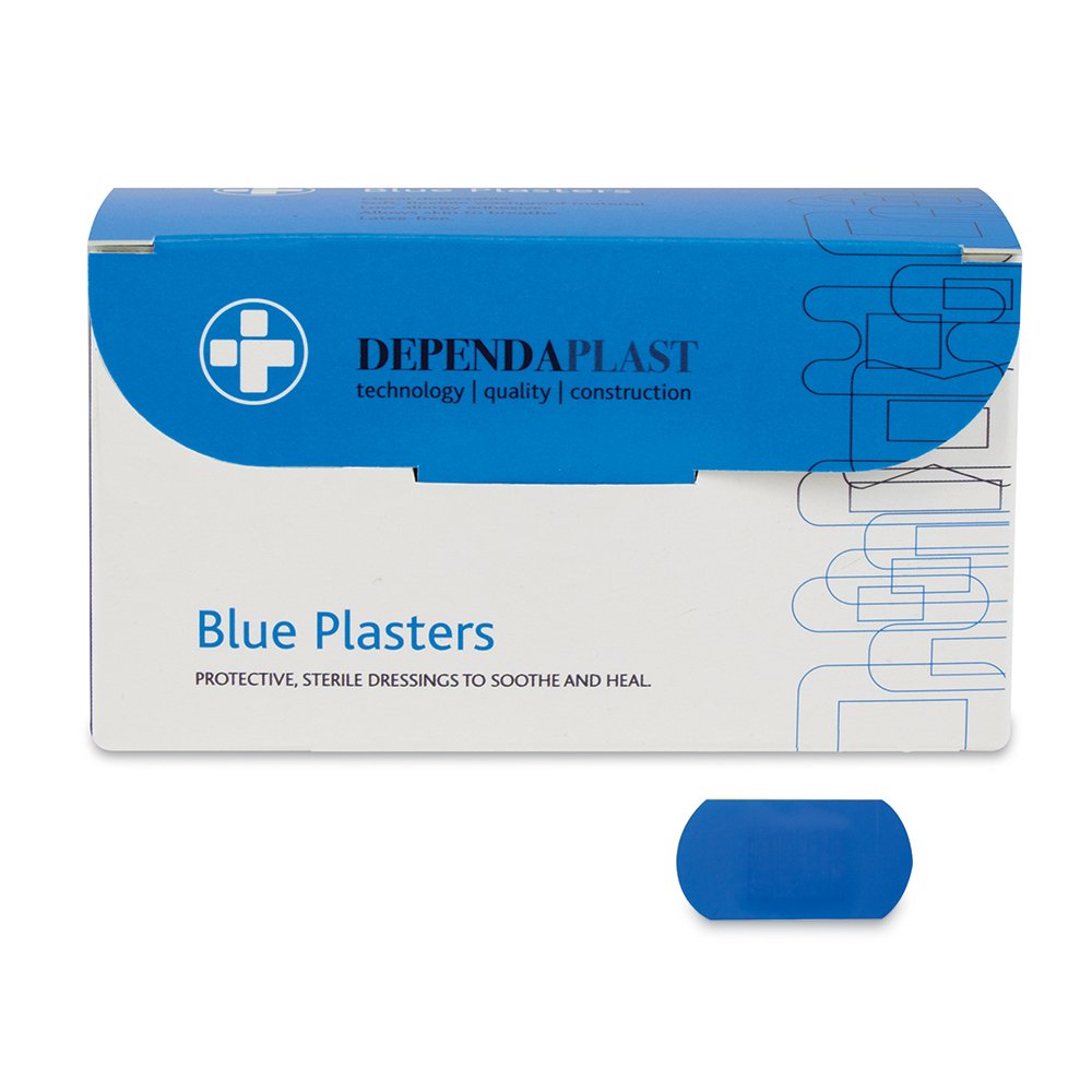 Dependaplast Food Area Blue Plasters With High Visibility And Metal Detection Properties, Easily Detectable, Individually Wrapped 4 cm x 2 cm, Blue (Pack of 100)