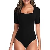 TQD Women's Square Neck Bodysuit Short Sleeve Bodysuit for Women Elbow Sleeve Tshirt Body Suit Top
