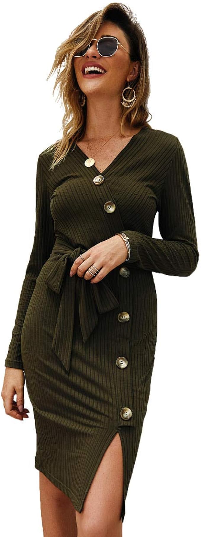 Women's Clothing Dresses Woman S Knitted Sweater Dress Sexy V Neck Long Sleeve Button Up Bodycon 