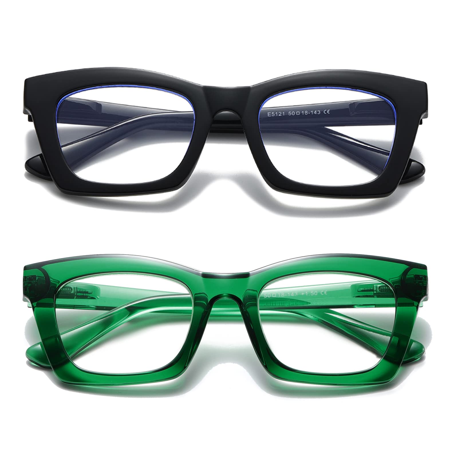 Hubeye Reading Glasses for Women Oprah Style Blue Light Blocking Oversized Square Spring Hinge Computer Readers (Black+Bright Green, 2.50)