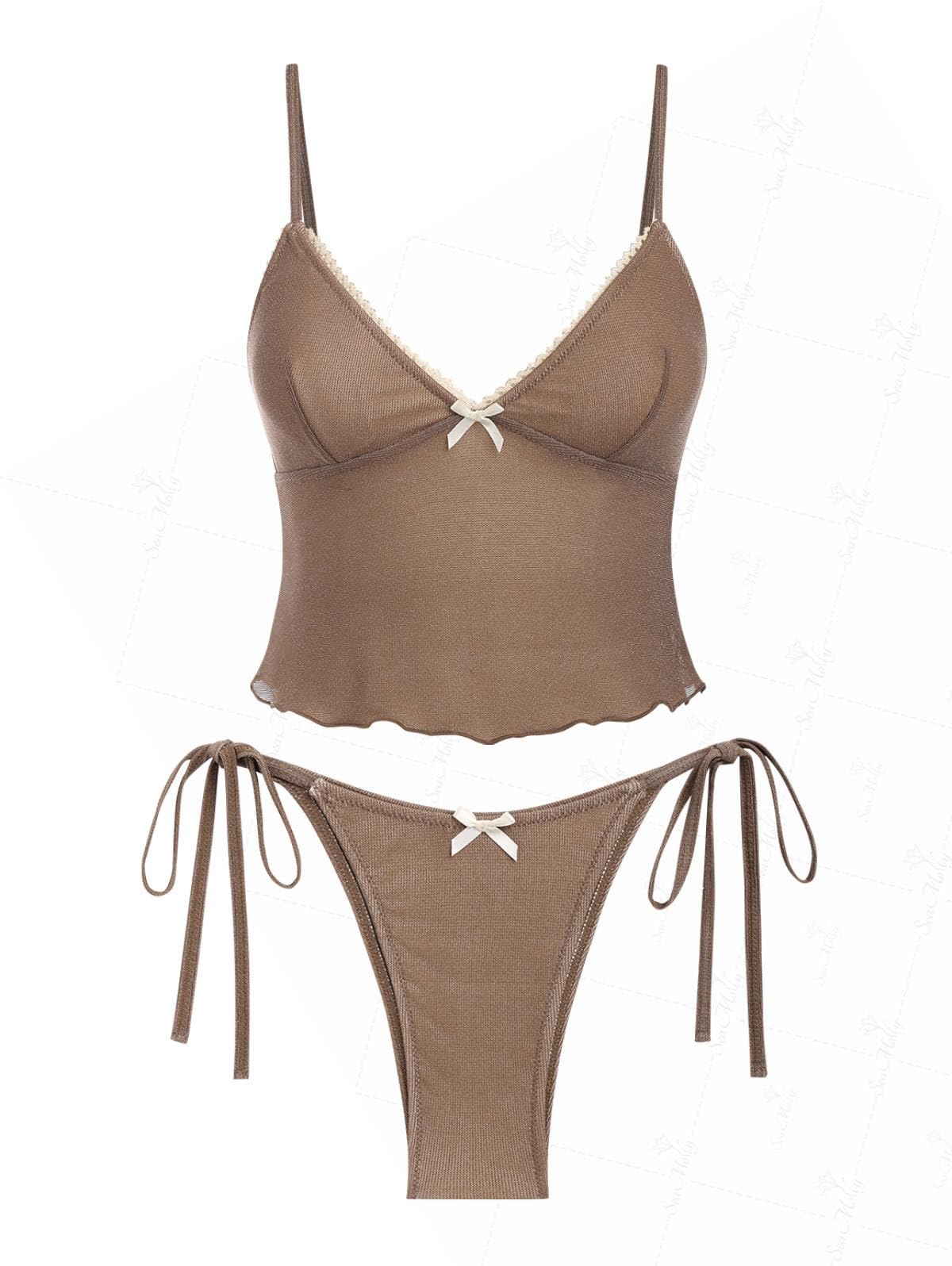 Photo 1 of seamoly Lurex Lace Trim Bowknot Decor Tie Side Tankini Set, Coffee, M