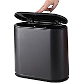 Black Slim Bathroom Trash Can with Press Top Lid,12 Liter Small Thin Garbage Can,3.17 Gallon Narrow Dog Proof Plastic Waste Basket and Covered Wastebasket for Room,Bedroom,Kitchen,Toilet,Office,Dorm