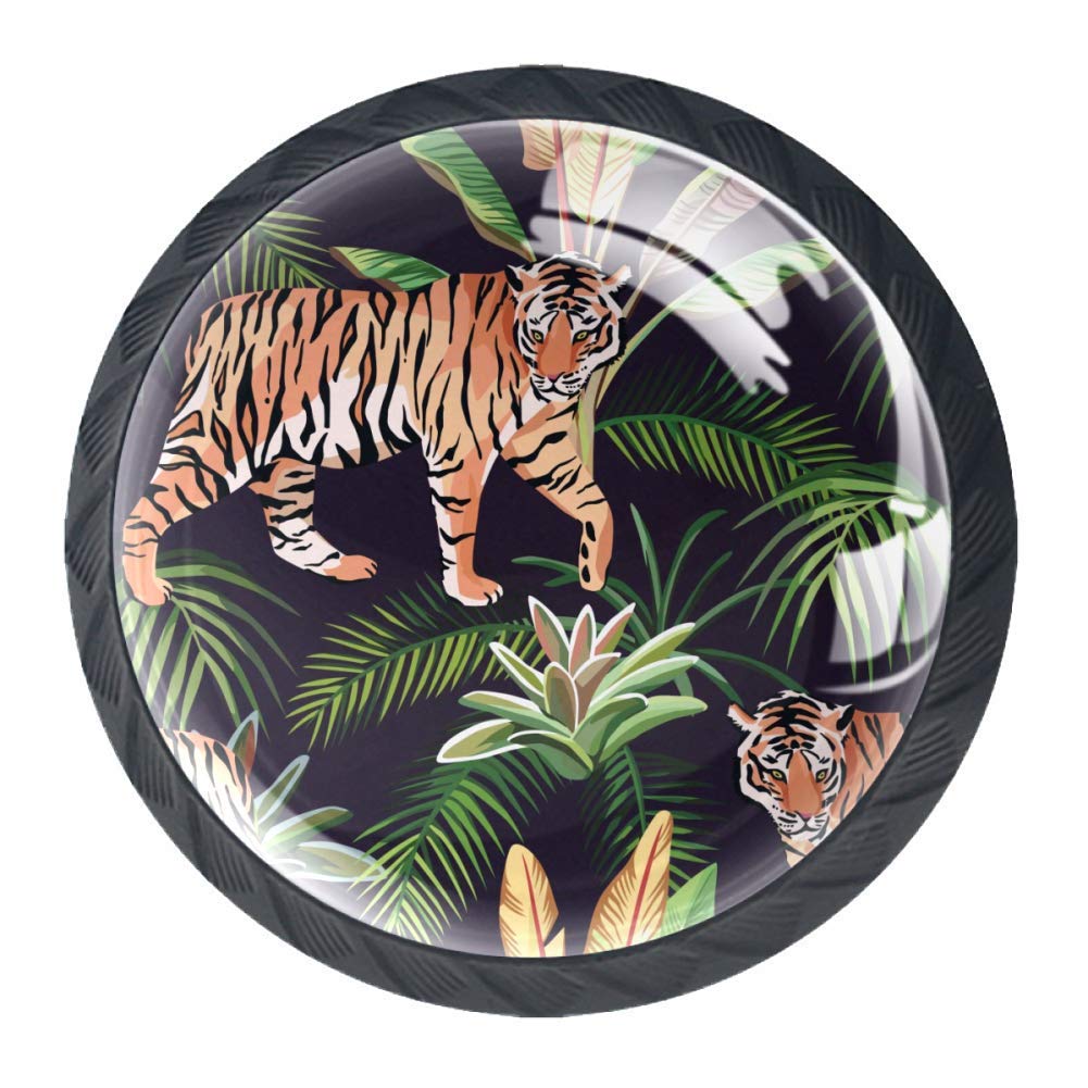 Tiger Jungle Animal and Tropical Leaves Cabinet Door Knobs Handles Pulls Cupboard Handles Drawer Wardrobe 4pcs