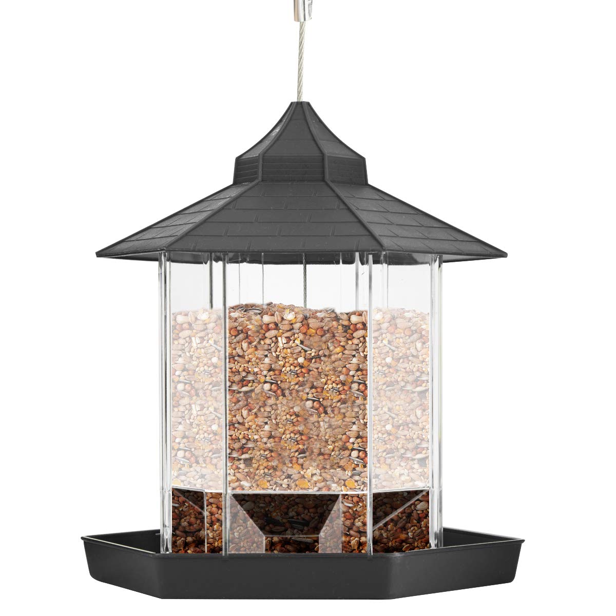Hanging Bird Feeder Plastic Wild Bird Feeder with Roof for Outdoor Garden Patio Backyard (Grey)
