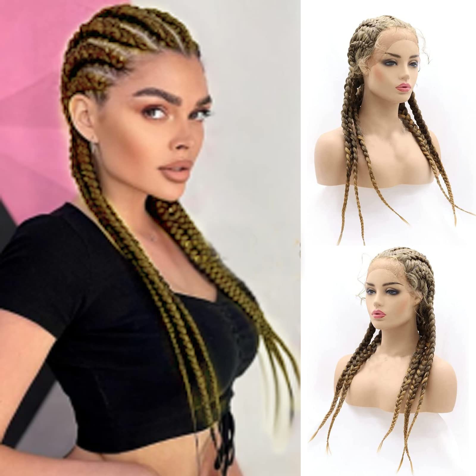 karissa Hair 5 Braided Wigs Women Brown Blonde Mix Color 360 Full Lace Front Wig with Baby Hair Long Natural Hairline Handmade Synthetic Braids Wig Glueless Heat Resistant Cosplay Costume Daily 24 ''