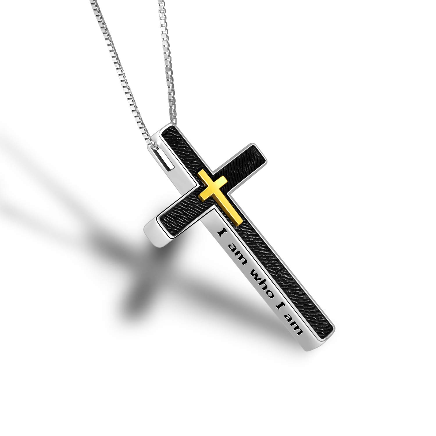 WINNICACA Cross Pendant Oxidation Necklace S925 Sterling Silver Religious Jewellery for Women Men Gifts, Engrave“I am who I am”