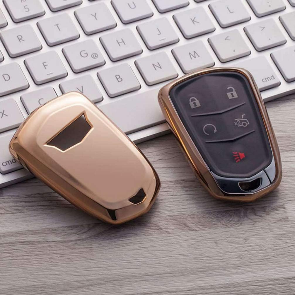 ontto Smart Car Key Fob Case Cover Protector Remote Key Skin Holder Key Chain Key Ring for Cadillac CT6 XT5 CTS XTS SRX ATS GTS ATSL Gold