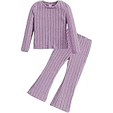 Cakaner Toddler Girls Clothes Ribbed Color Block Pullover Tops + Flare Pants Set Fall Outfits