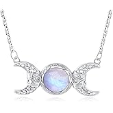 ixluck Natural Real Moonstone Necklace Retro Triple Moon Goddess Pendant Necklace Wiccan Pagan Jewelry for Women Gift