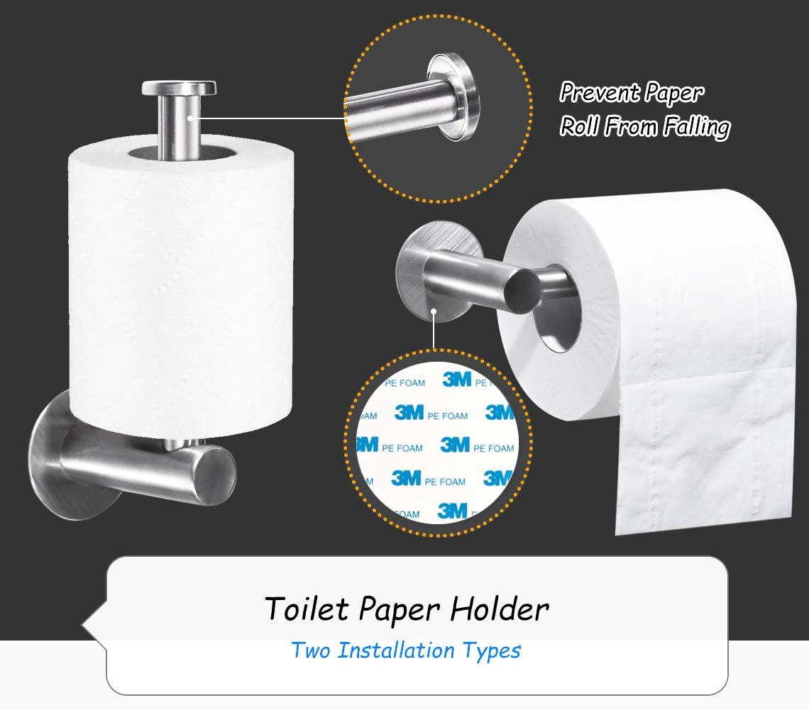 Bsicpro Bathroom Hardware Set 5-Piece Adhesive 304 Stainless Steel Bath Accessories Kit 16" Lengthen Hand Towel Bar+Toilet Paper Holder+3 Robe Towel Hooks (Brushed Nickel): Home & Kitchen