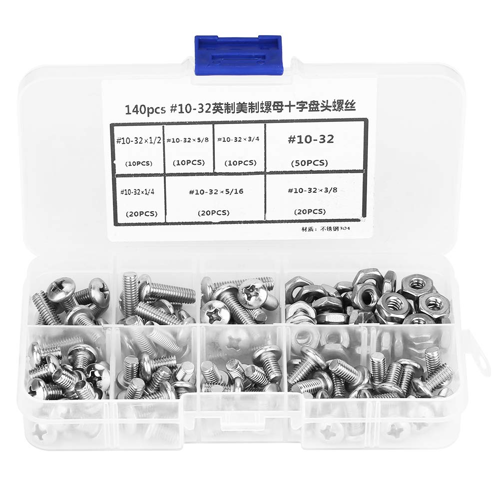 140pcs Stainless Steel #10-32 Screws and Nuts Set Cross Recessed Countersunk & Flat Head Screws with Hex Socket Nuts for DIY, Home Repair, and Workshop Projects
