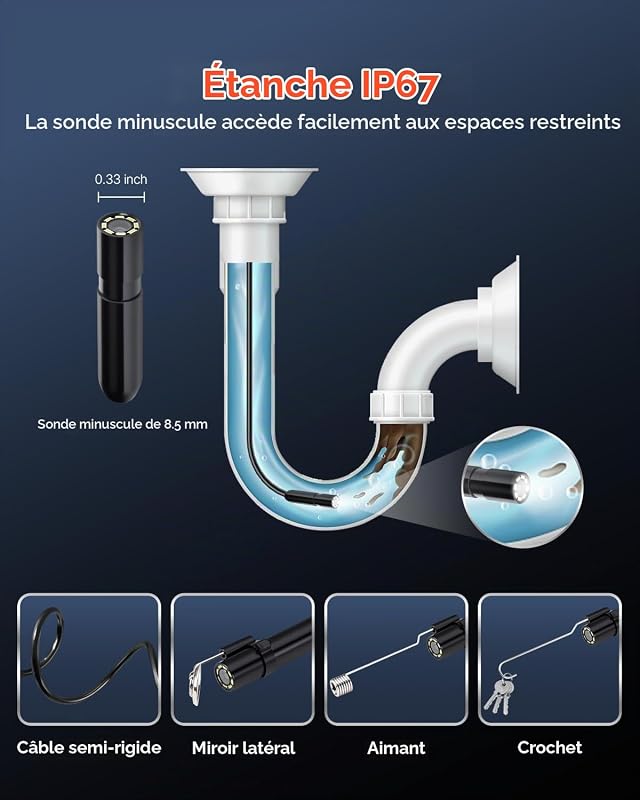 Caméra Endoscopique avec Câble Semi-Rigide 5 m, Endoscope HD 1920p pour Android et iOS, avec 8 Lumières LED Réglables, Zoom, Étanche IP67, Caméra Serpent d'Inspection pour Automobile, Plomberie