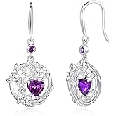 FANCIME Tree of Life Dangle Drop Earrings 925 Sterling Silver Dainty Round Gemstone Birthstone Earring Fine Jewelry Birthday Mothers Day Gifts for Her Women