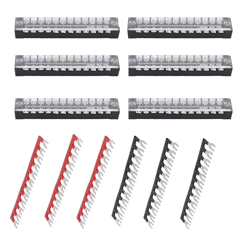 Ruidee 12pcs (6 Set) Terminal Block 12 Positions Dual Rows Covered Screw Terminal Block 600V 15A + 6Pcs 12 Positions Pre-Insulated Fork Terminal Barrier Strip Red/Black 400V 15A TB-U1512