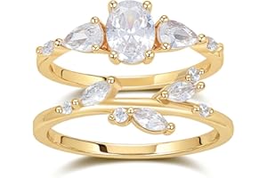 BLOSSOM & HUE Modern Wedding Ring Stack | Three Stone CZ Engagement Ring | Women's 14K Gold Leaf Vine Wedding Band | Cubic Zirconia Bridal Set - Anniversary