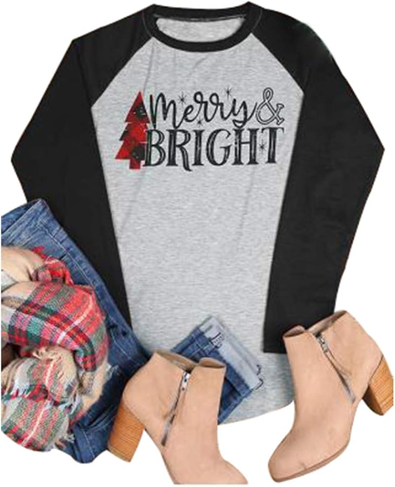 HDLTE Women Merry & Bright Christmas T-Shirts Casual Raglan Long Sleeve O-Neck Xmas Baseball Top Blouse
