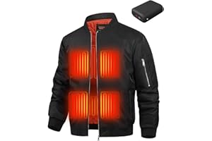 QXOOXQ Men’s Heated Bomber Jacket with 12V 20000mAh Battery – heated motorcycle jackets for men with 6 large heating zones.