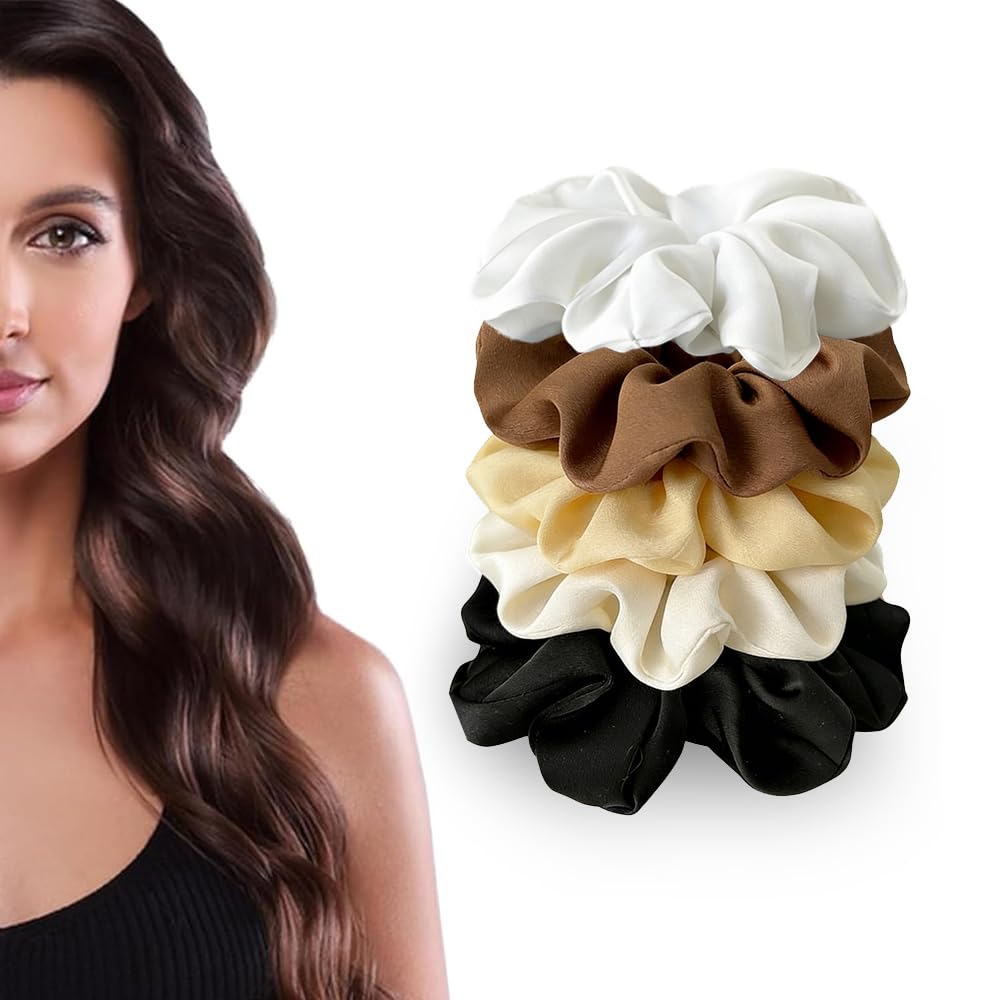 OWITER 5 pcs Large Satin Scrunchies for Women,oversized scrunchies for women,large scrunchies for giant scrunchie（white, black, beige, curry and light grey）