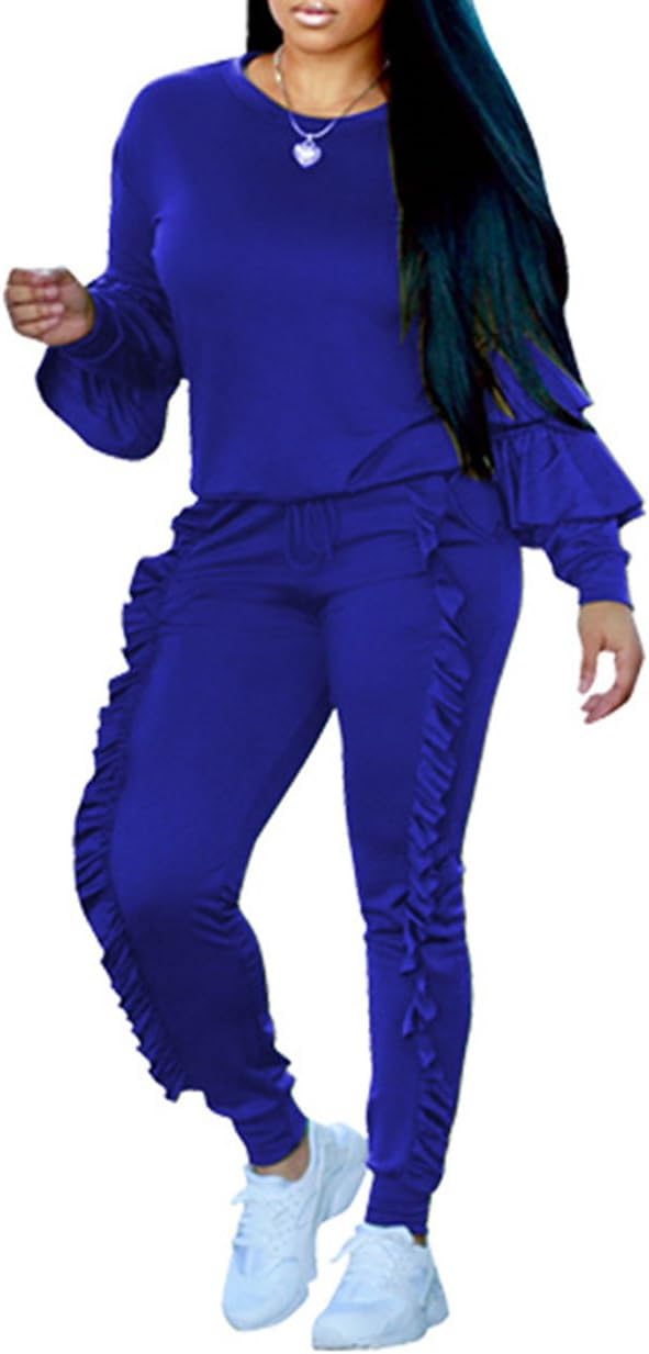 Women 2 Pieces Outfits Puff Sleeve Top and Long Flounced Pants Sweatsuits Set Tracksuits
