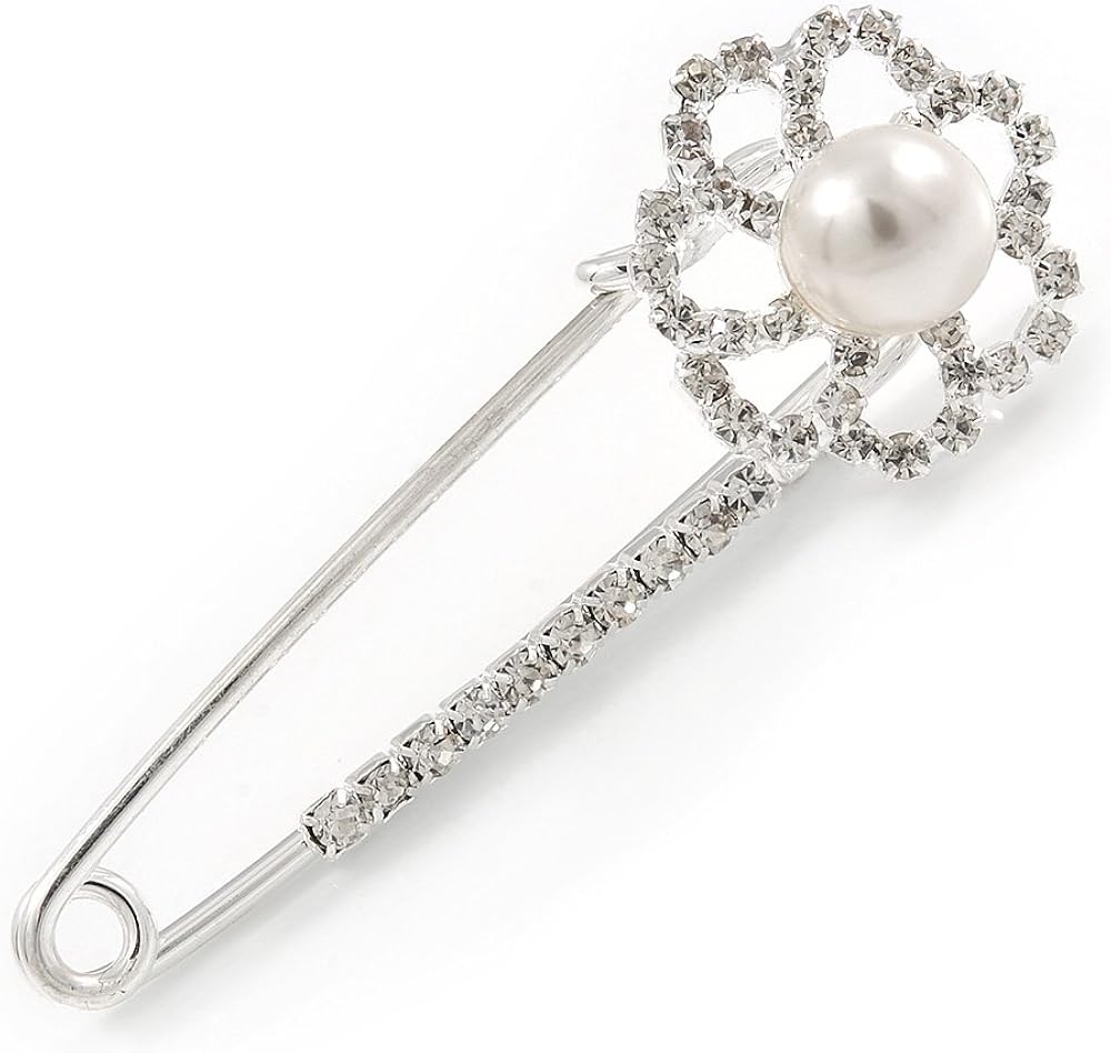 Small Crystal Pearl Flower Pin Brooch In Rhodium Plating - 55mm L, silver, white / ivory