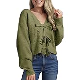 Saodimallsu Womens Bow Sweater Cropped V Neck Long Sleeve Fall Cozy Knit Loose Trendy Pullover Sweaters