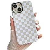 Longlayss Compatible with iPhone 13/14 Case Cute Aesthetic Checkerboard Checkered Phone Case for Women Girl Shockproof Slim TPU and Hard PC Protective Cover (Antique White)